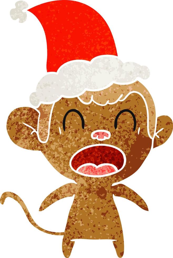shouting retro cartoon of a monkey wearing santa hat vector