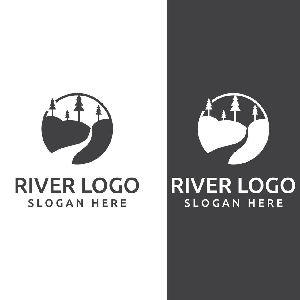 Logos of rivers, creeks, riverbanks and streams. River logo with combination of mountains and farmland with concept design vector illustration template.
