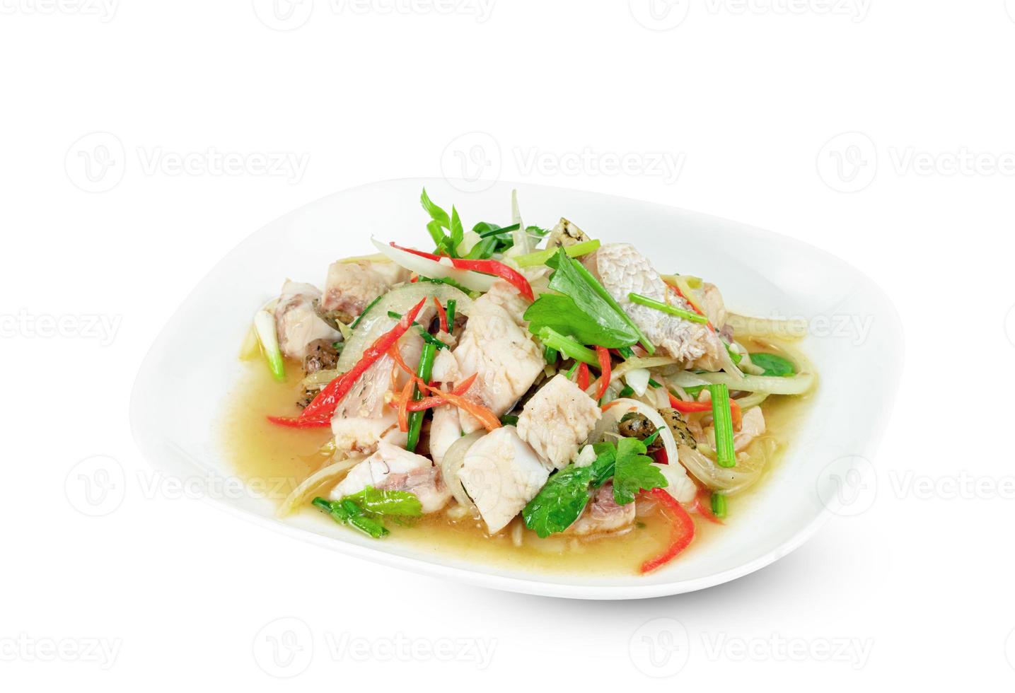 fried stir celery with seabass fish isolated on white background ,include clipping path photo