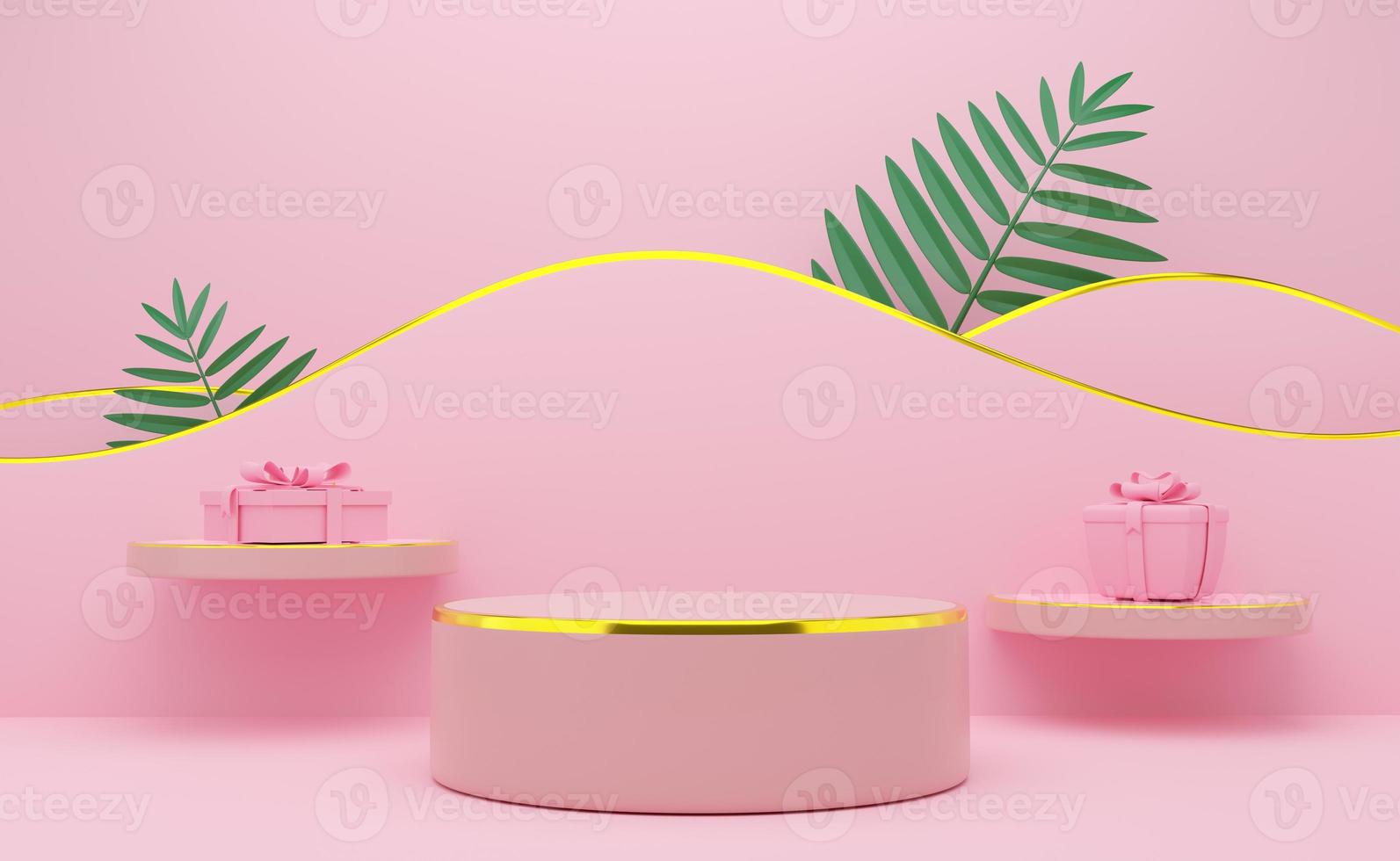 podium empty with geometric shapes in pink pastel composition for modern stage display and minimalist mockup ,abstract showcase background ,Concept 3d illustration or 3d render photo