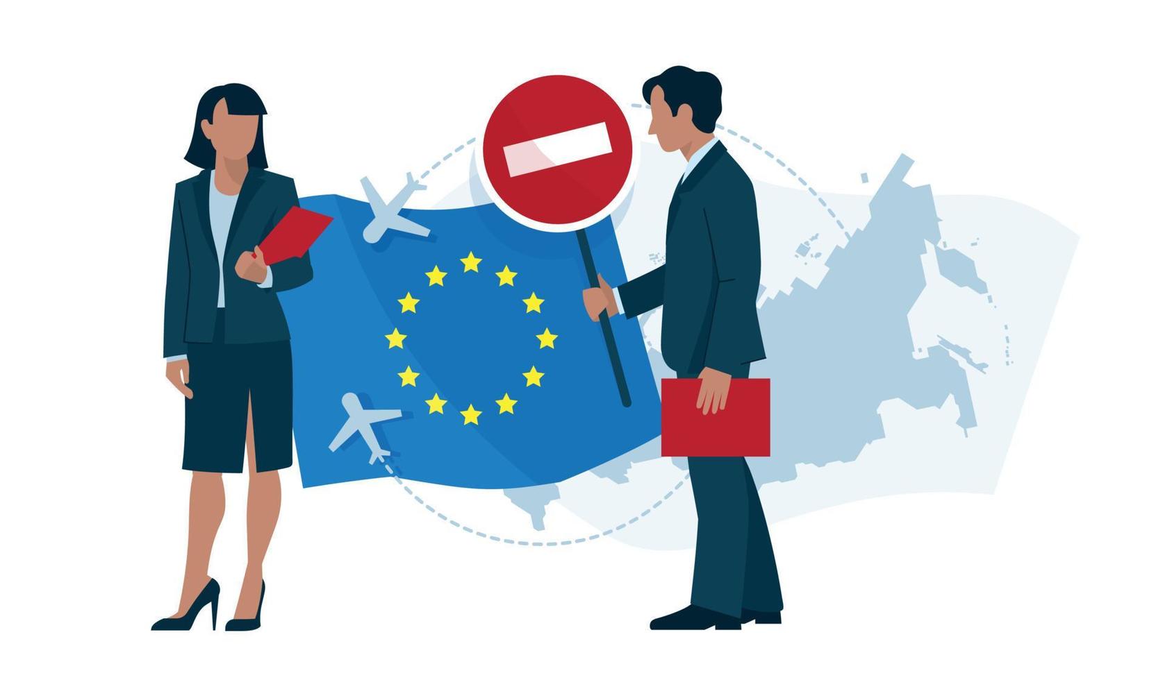 Prohibición de entrada a países de la UE. hombre y mujer en trajes de negocios, carpeta en mano. imagen vectorial vector