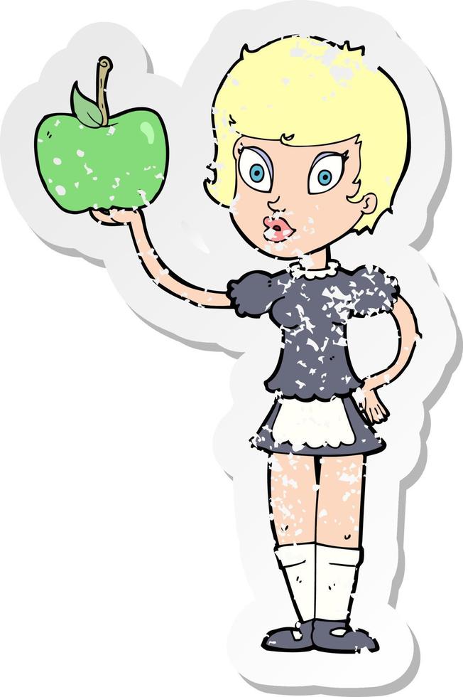 retro distressed sticker of a cartoon waitress with healthy food vector