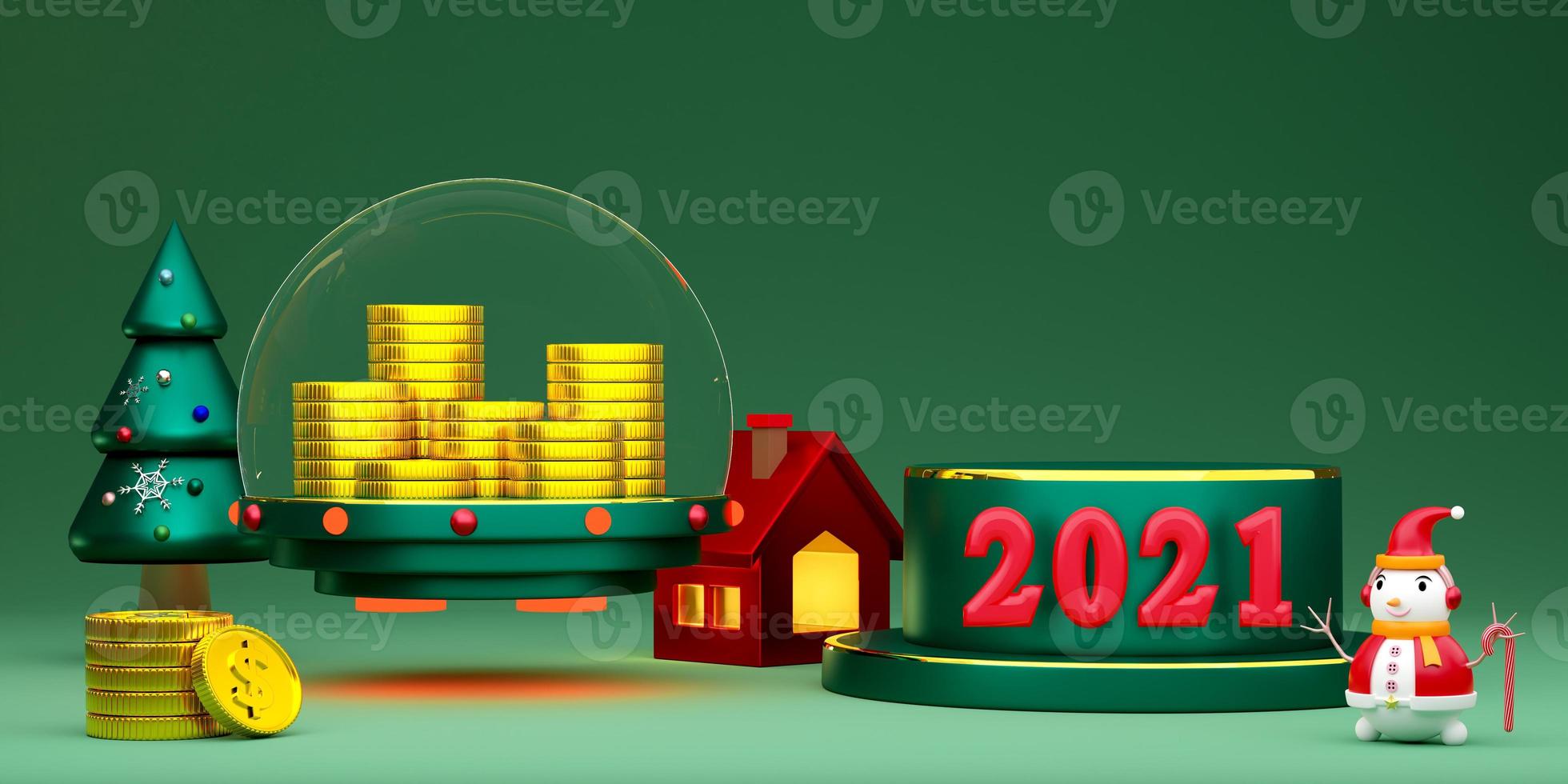 Podium empty and snowman with gold coin and Christmas tree in green composition for website or poster or Happiness cards,Christmas banner and festive New Year, realistic 3d illustration or 3d render photo