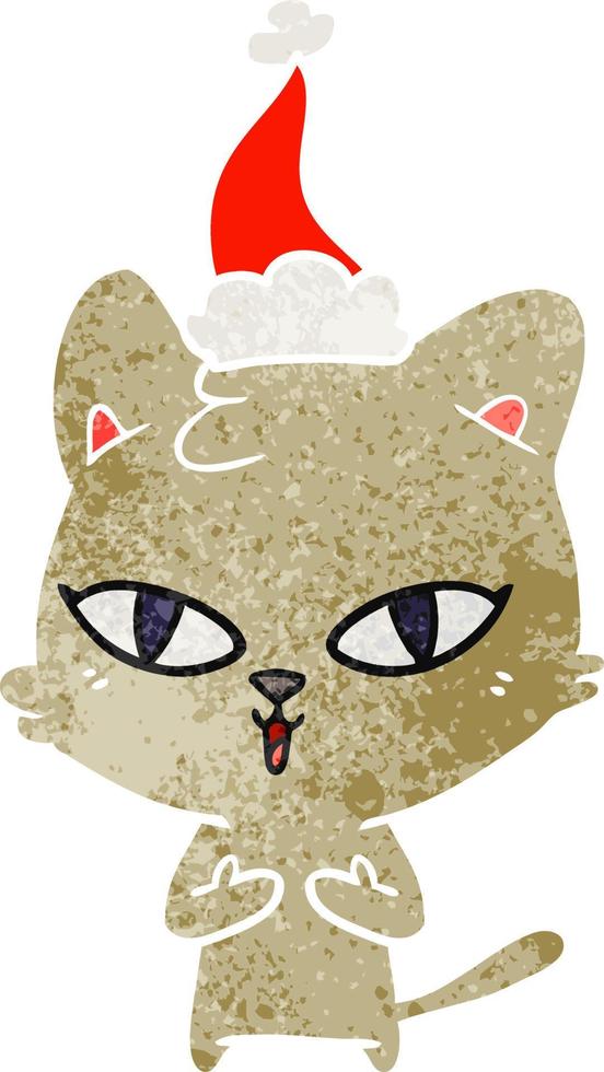 retro cartoon of a cat wearing santa hat vector