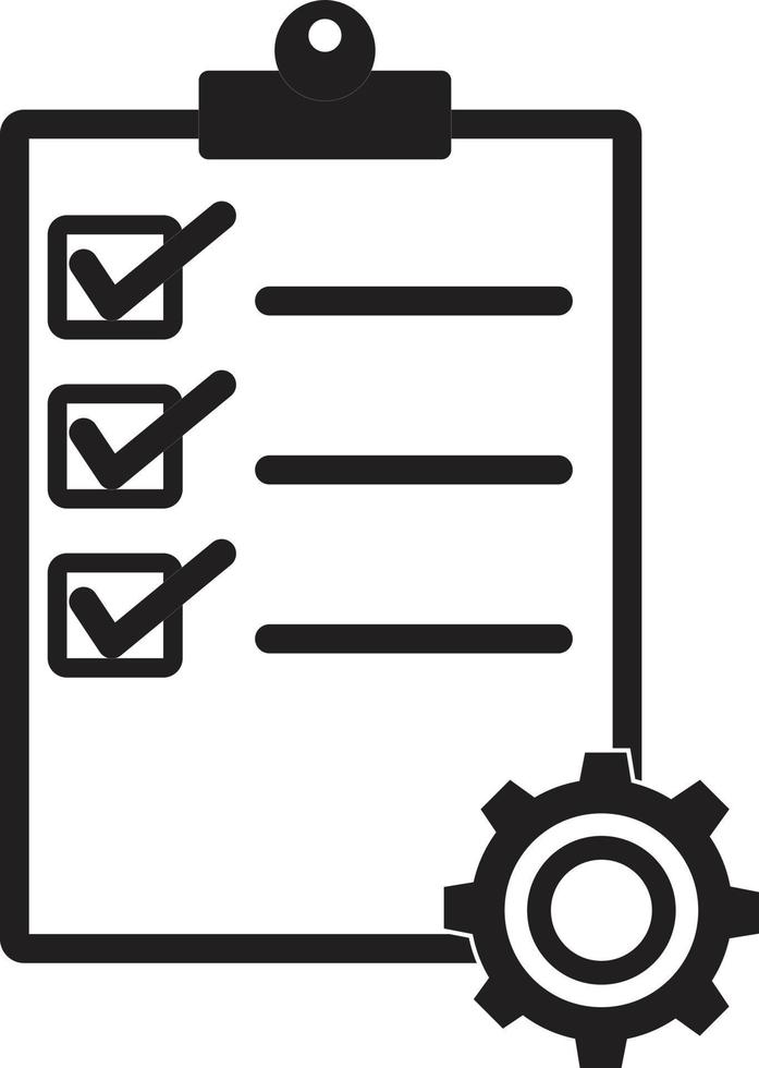clipboard with gear icon on white background. technical support check list sign. project management concept symbol. flat style. vector