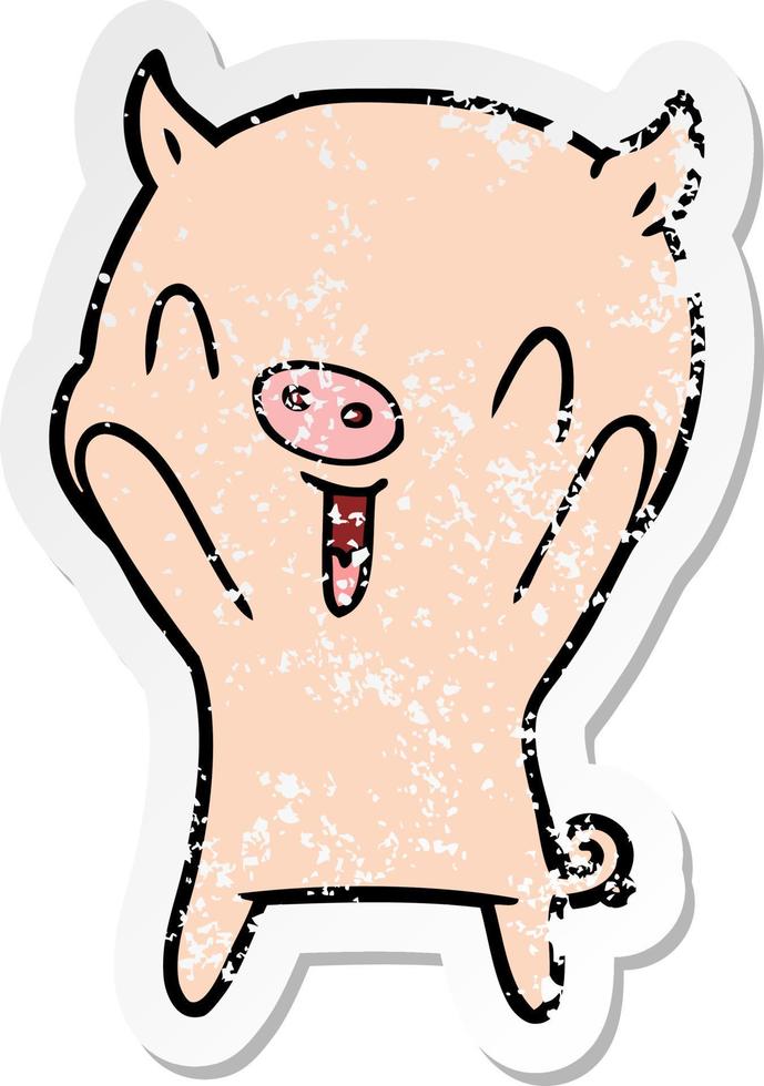 distressed sticker of a happy cartoon pig vector