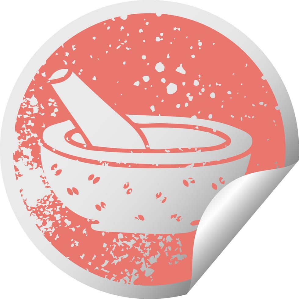quirky distressed circular peeling sticker symbol pestle and mortar vector