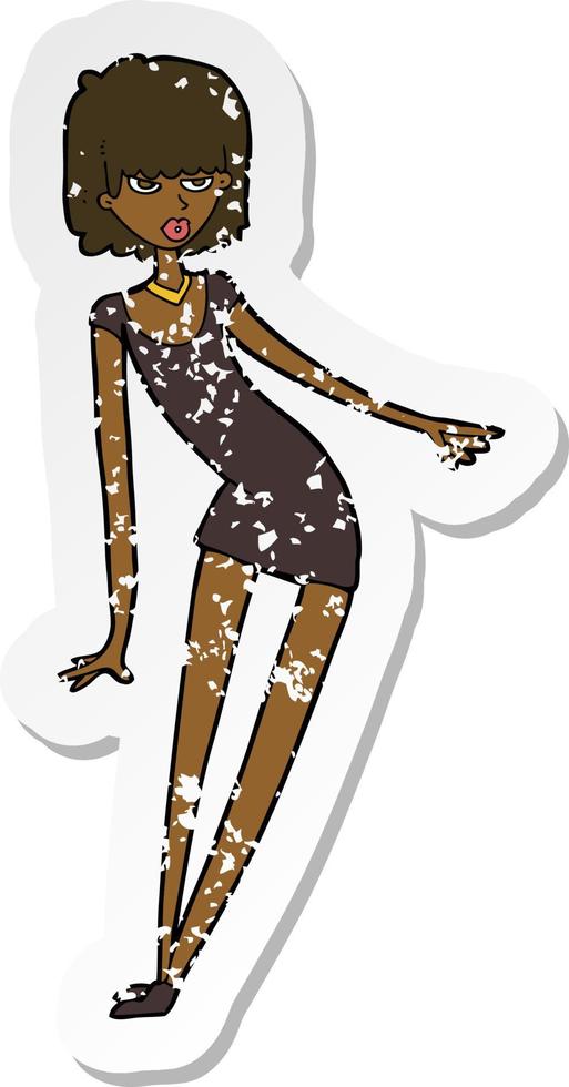 retro distressed sticker of a cartoon woman in dress leaning vector