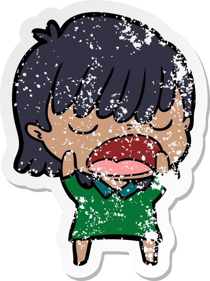 distressed sticker of a cartoon woman talking loudly vector