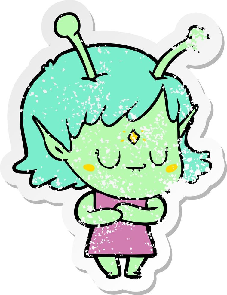 distressed sticker of a cartoon alien girl vector
