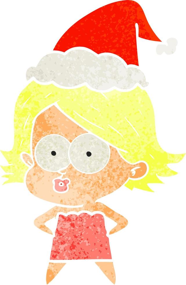 retro cartoon of a girl pouting wearing santa hat vector