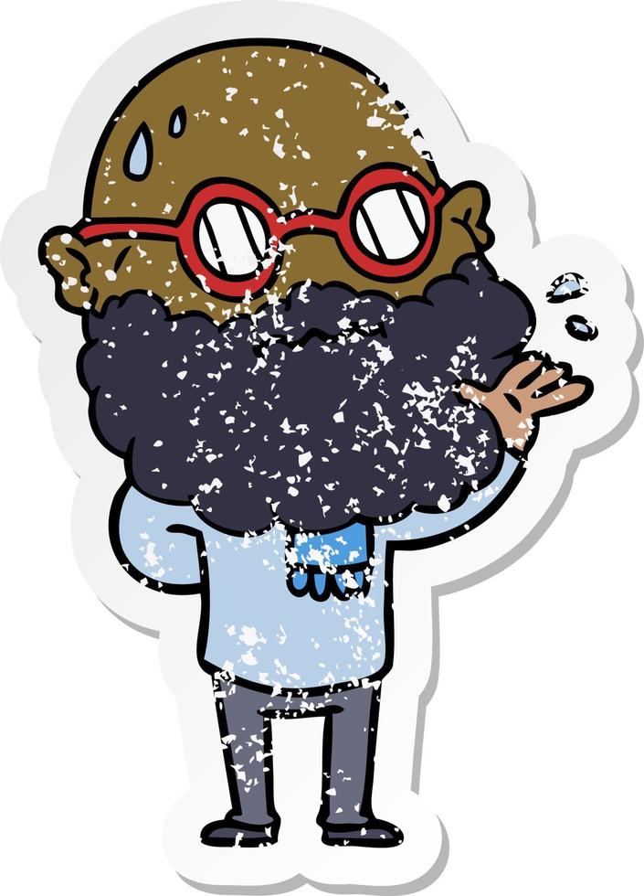 distressed sticker of a cartoon worried man with beard and spectacles vector