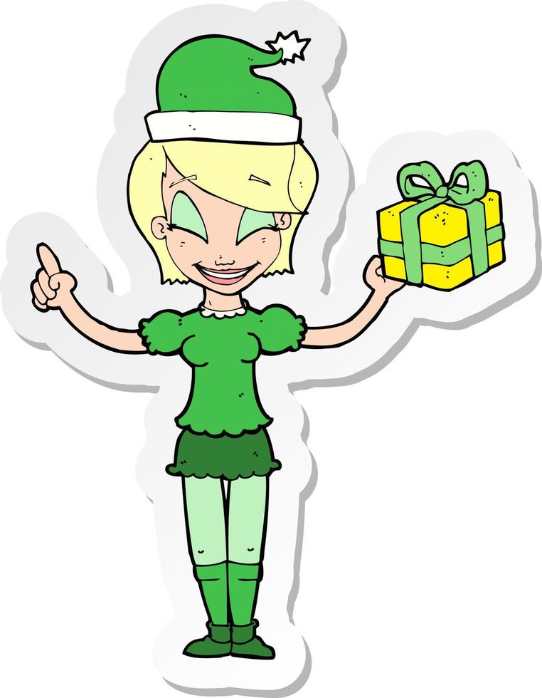 sticker of a cartoon woman with christmas present vector