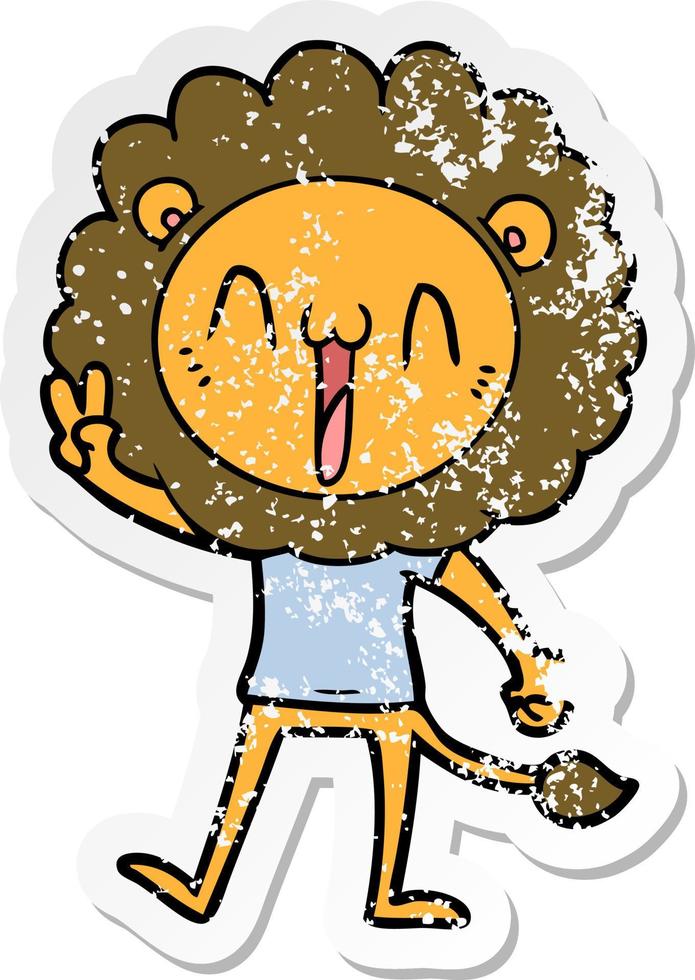distressed sticker of a happy cartoon lion vector