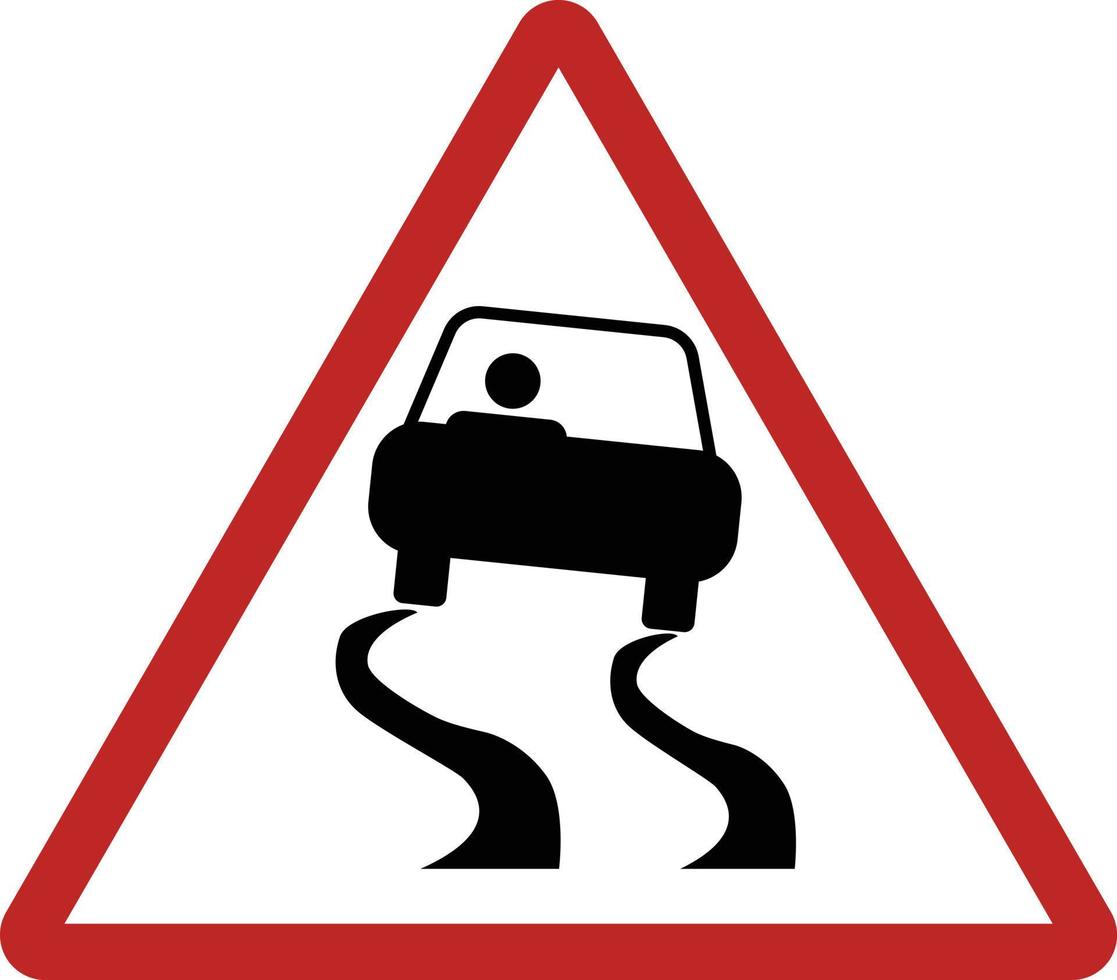 Red triangle slippery road sign. Car Out Of Control symbol. Traffic Sign - Warning. flat style. vector