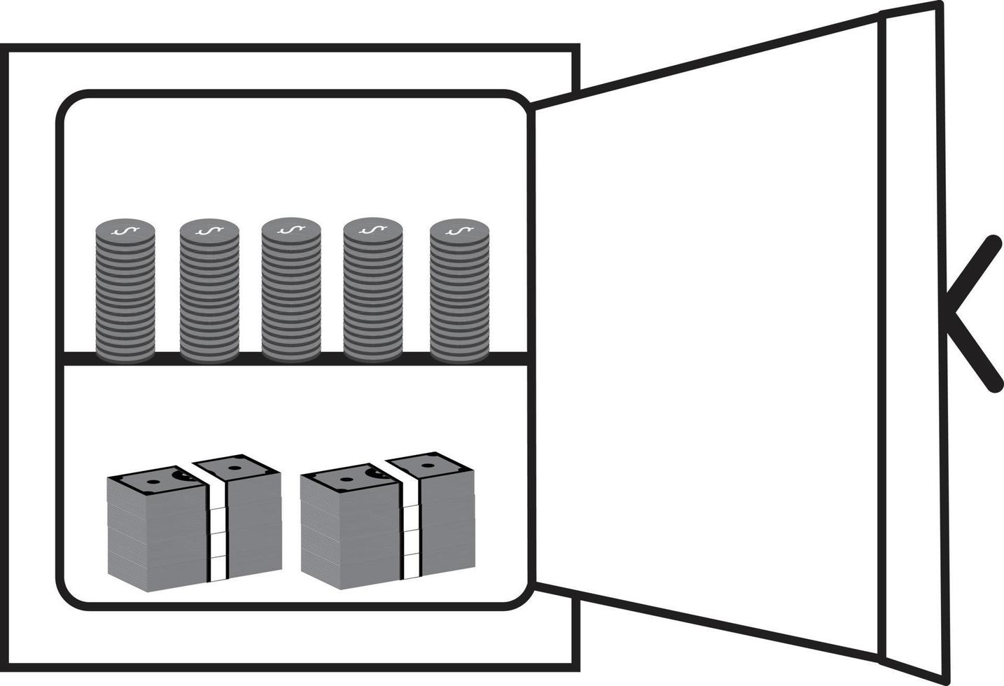 abra la caja fuerte con dinero y monedas dentro del icono sobre fondo blanco. signo de caja de depósito bancario. estilo plano vector