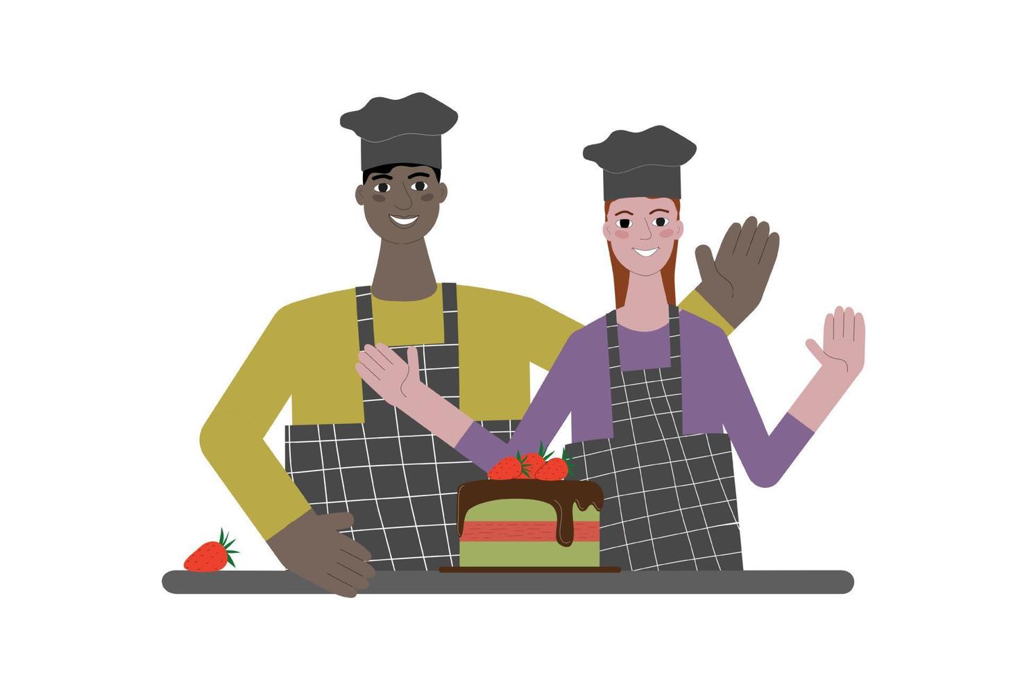 Two cook chefs, a black-skinned man and a red-hair woman, stand at the table with pistachio strawberry cake, smile and waive their hands. Flat style vector illustration.