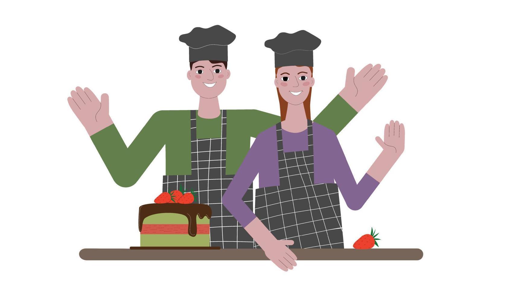 cocineros, hombres y mujeres, con uniforme minimalista negro parados en la mesa con pastel de pistacho, sonríen y agitan las manos. estilo plano de dibujos animados, ilustración vectorial. preparar el concepto de comida. vector