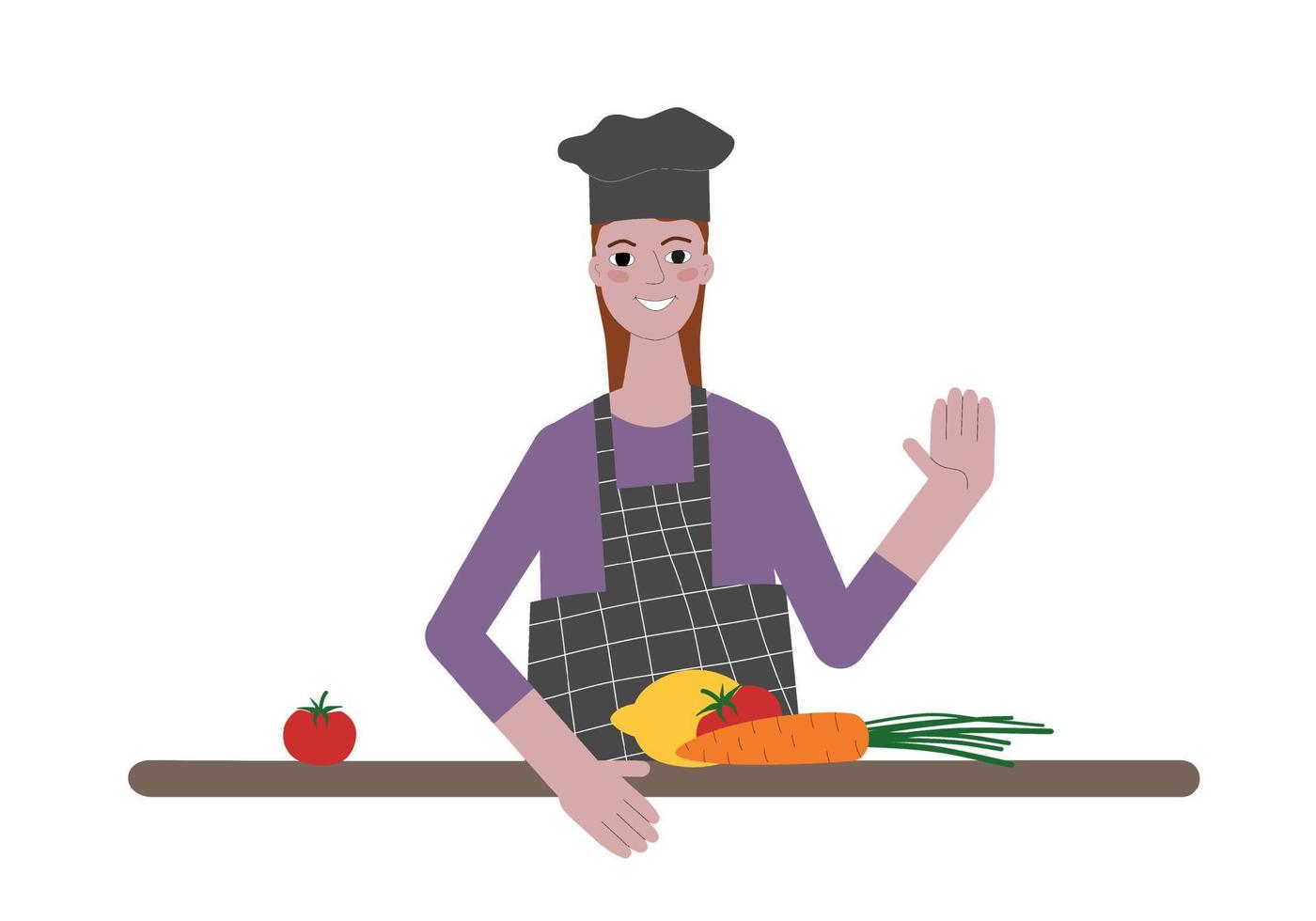 Female chef cook in a uniform stands at the table with vegetables, smiles and waives her hand. Cartoon flat style, vector illustration. Culinary concept.