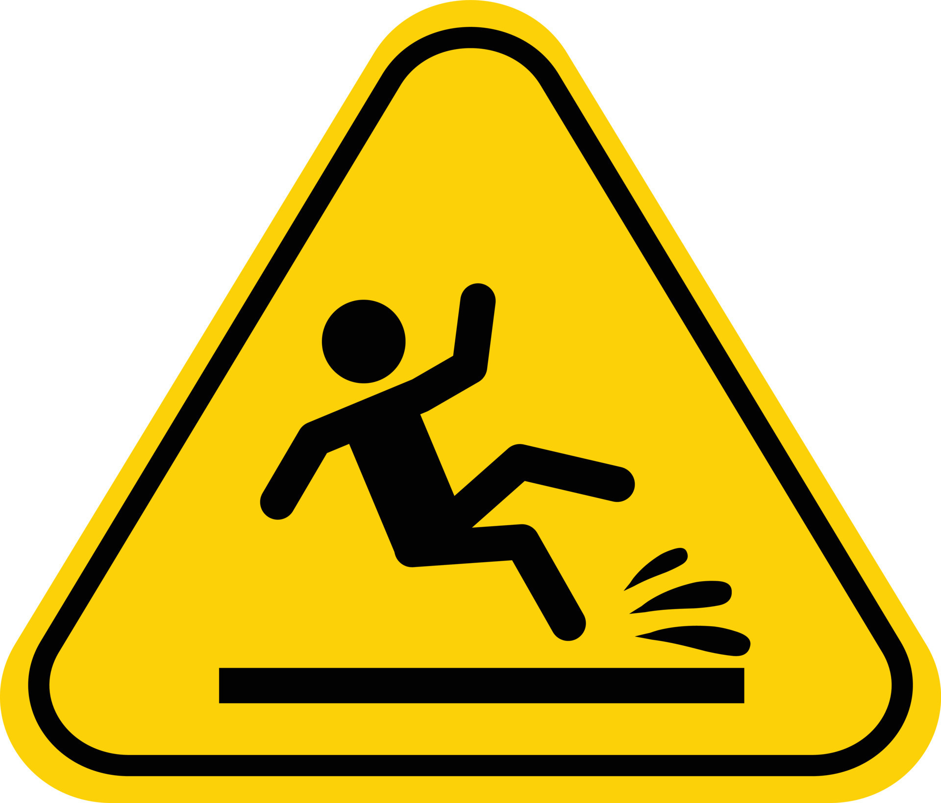 Slip danger icon on white background. Wet floor sign. Yellow triangle with falling man symbol