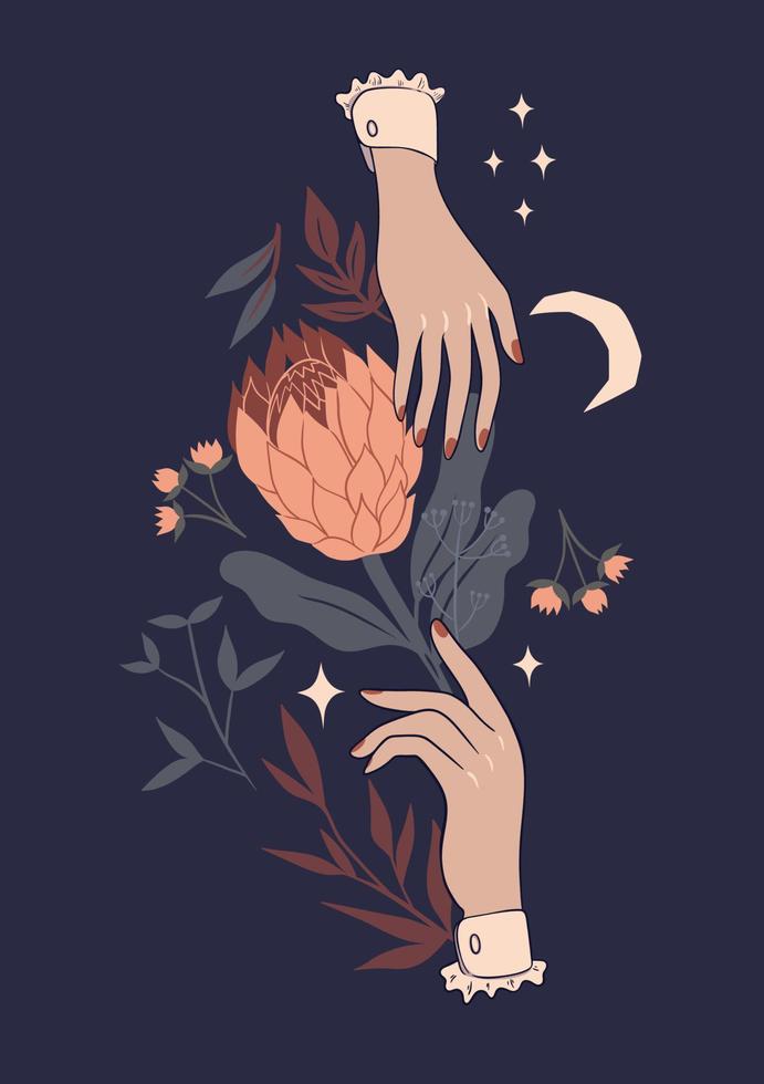 Postcard with protea flower and hands. Vector graphics.