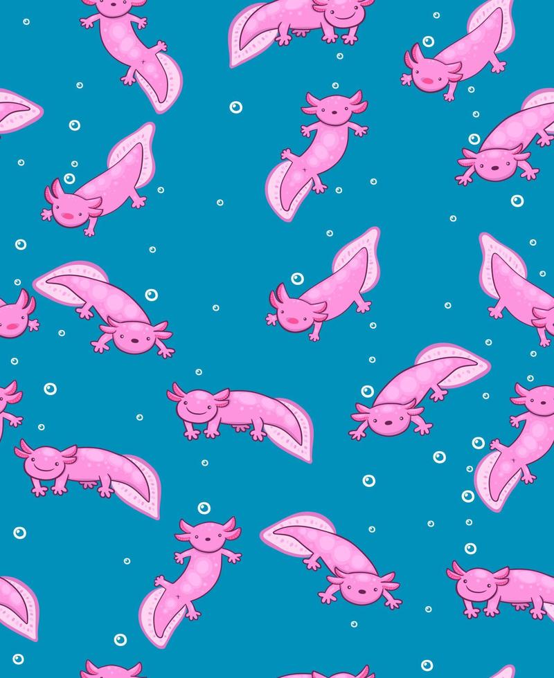 Seamless pattern with axolotl and bubbles. Vector graphics.