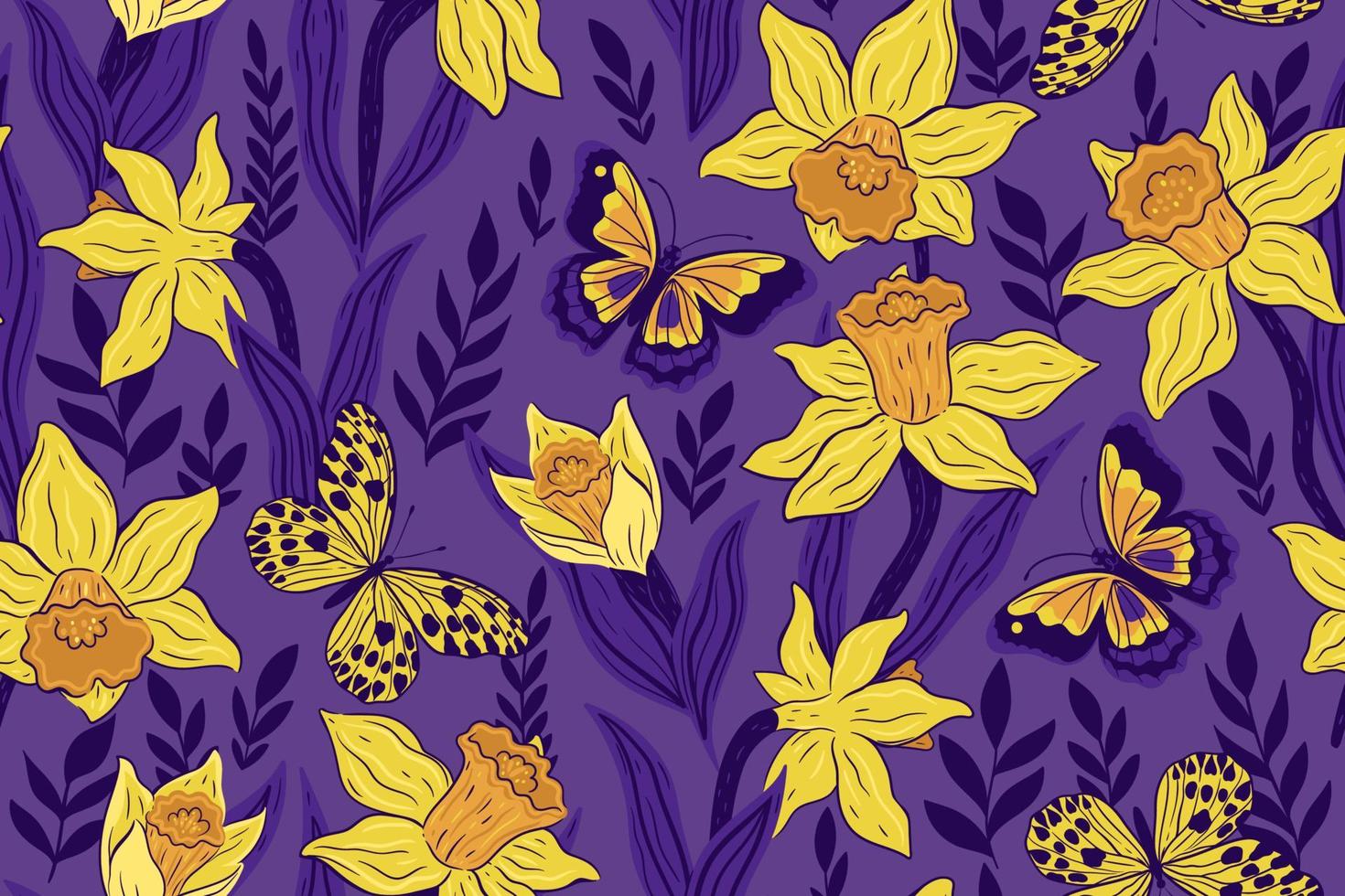 Seamless pattern with butterflies and narcissus flowers. Vector graphics.