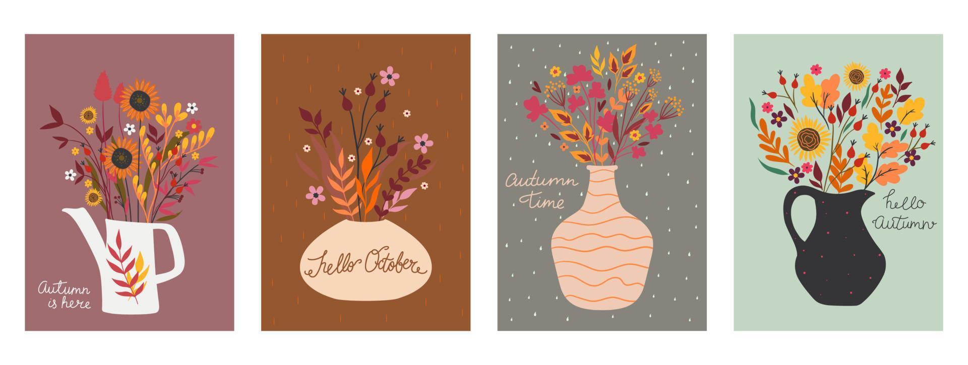 Set of postcards with autumn bouquets. Vector graphics.