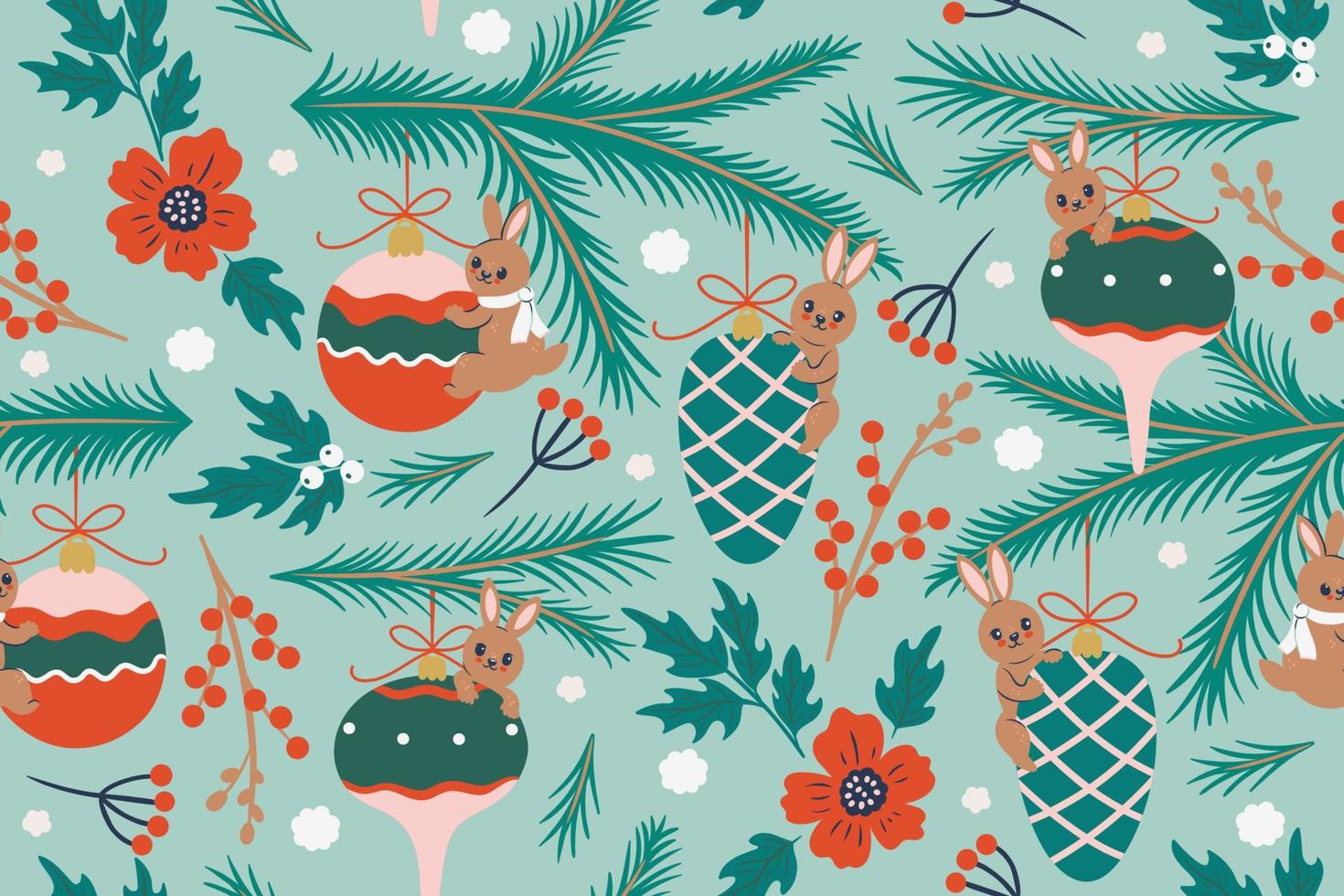 Christmas seamless pattern with bunnies and winter decor. Vector graphics.