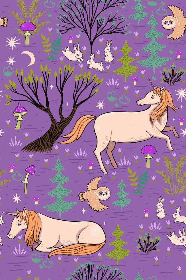 Bosque mágico de patrones sin fisuras con unicornios. gráficos vectoriales vector