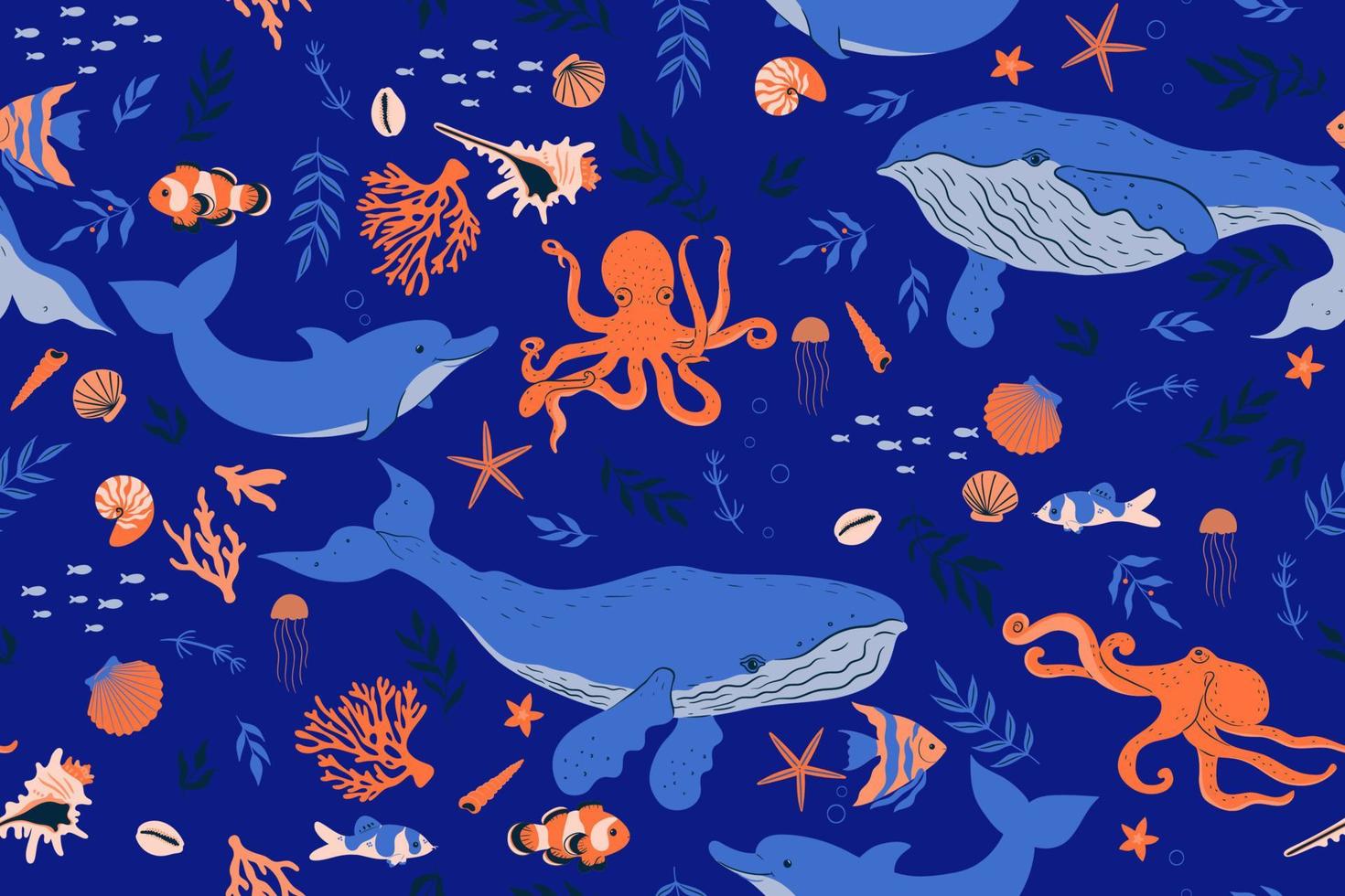 Seamless pattern with underwater marine animals. Vector graphics.