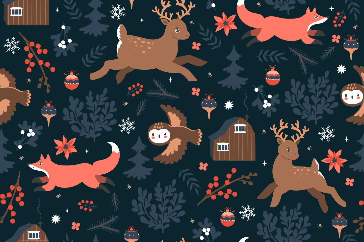 patrón impecable con animales, casas, elementos decorativos de invierno. gráficos vectoriales vector