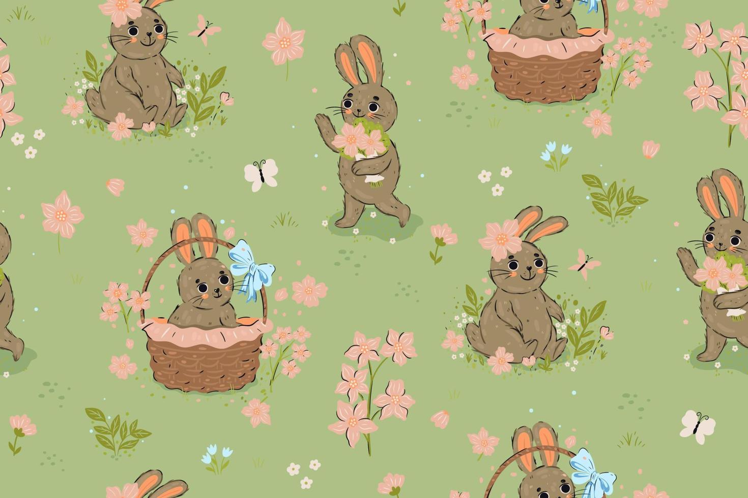 Seamless pattern with cute rabbits and flowers. Vector graphics.