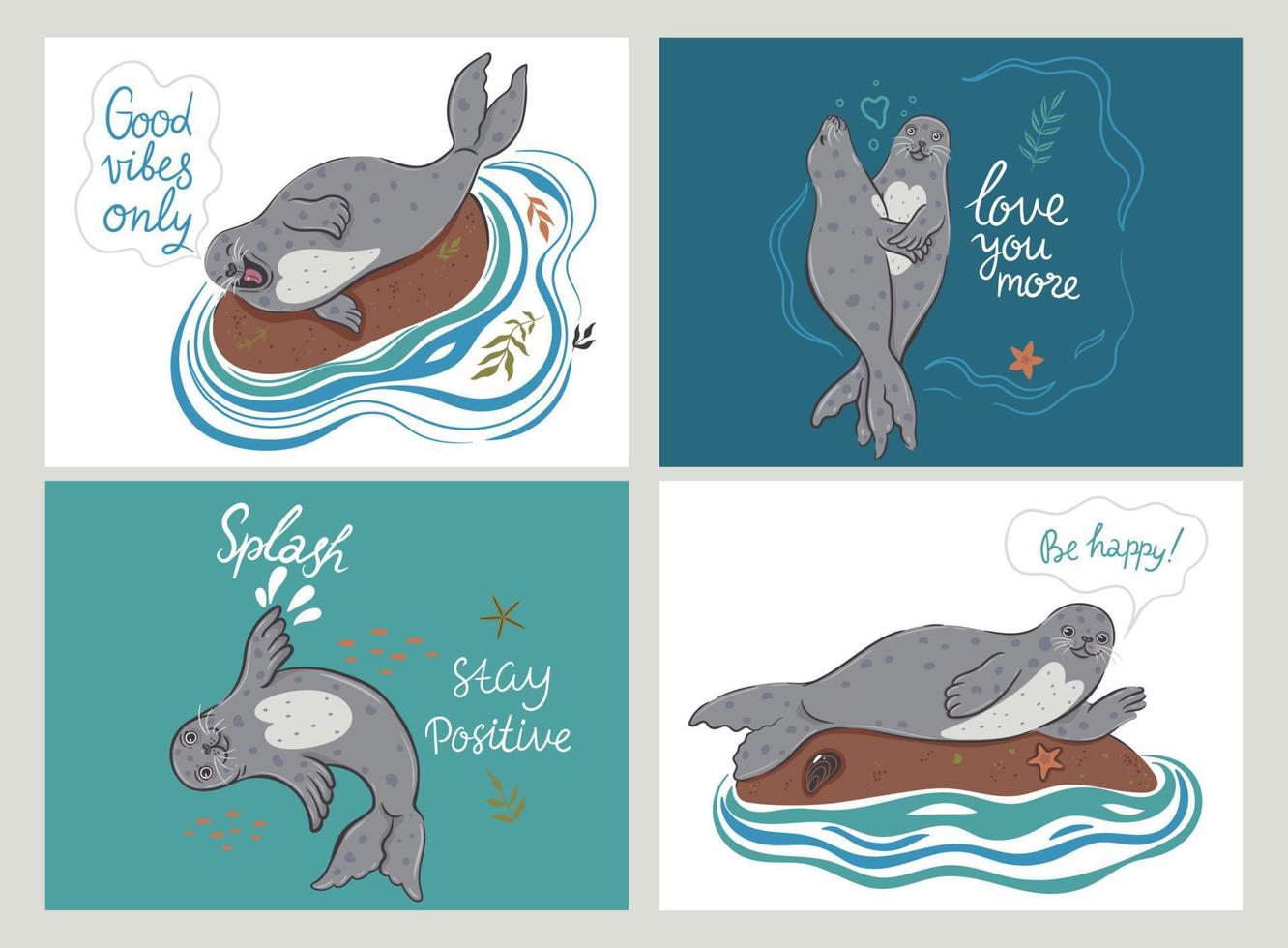 Set of postcards with cute seals. Vector graphics.