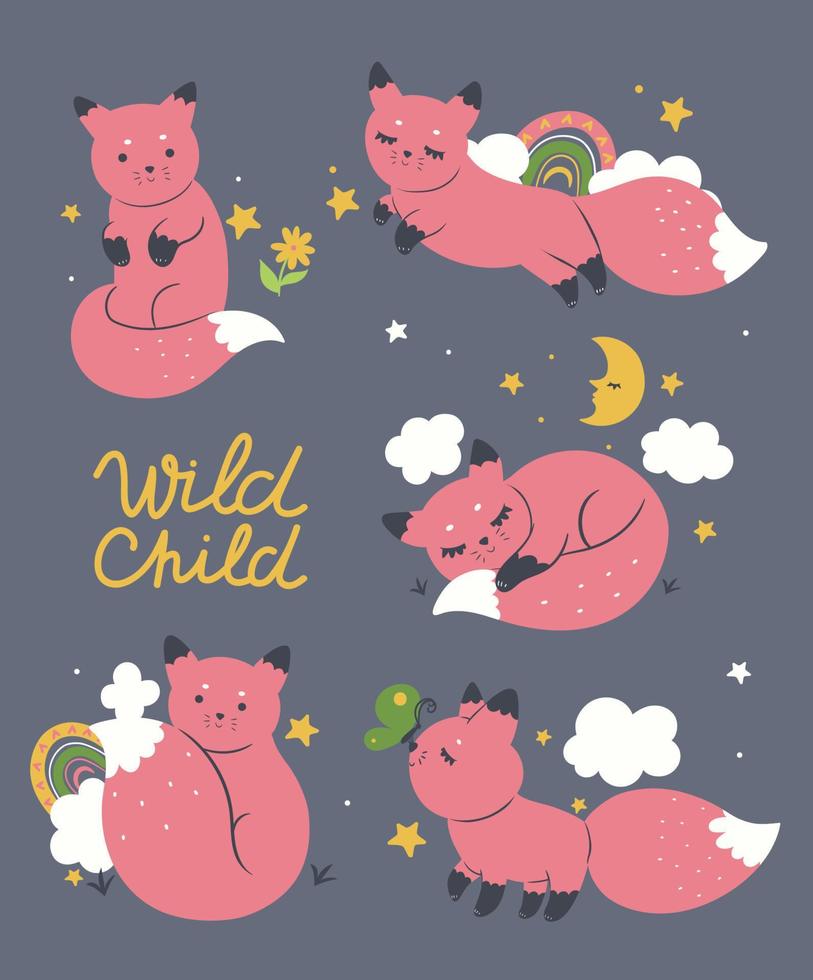 Greeting card of cute foxes and the inscription wild child . Vector graphics.