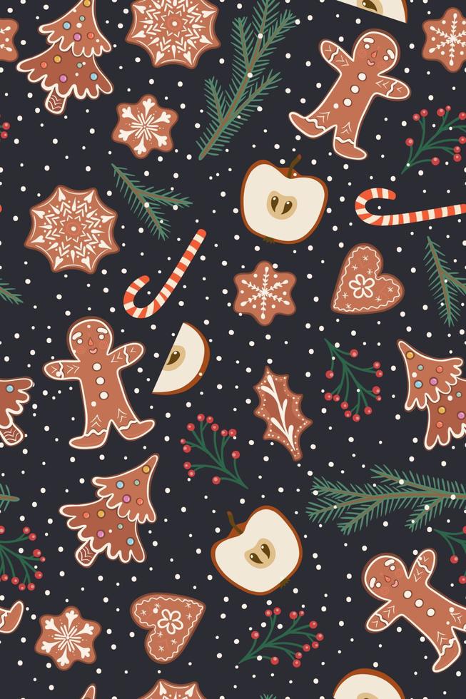 Seamless pattern with gingerbread and apples. Vector graphics.