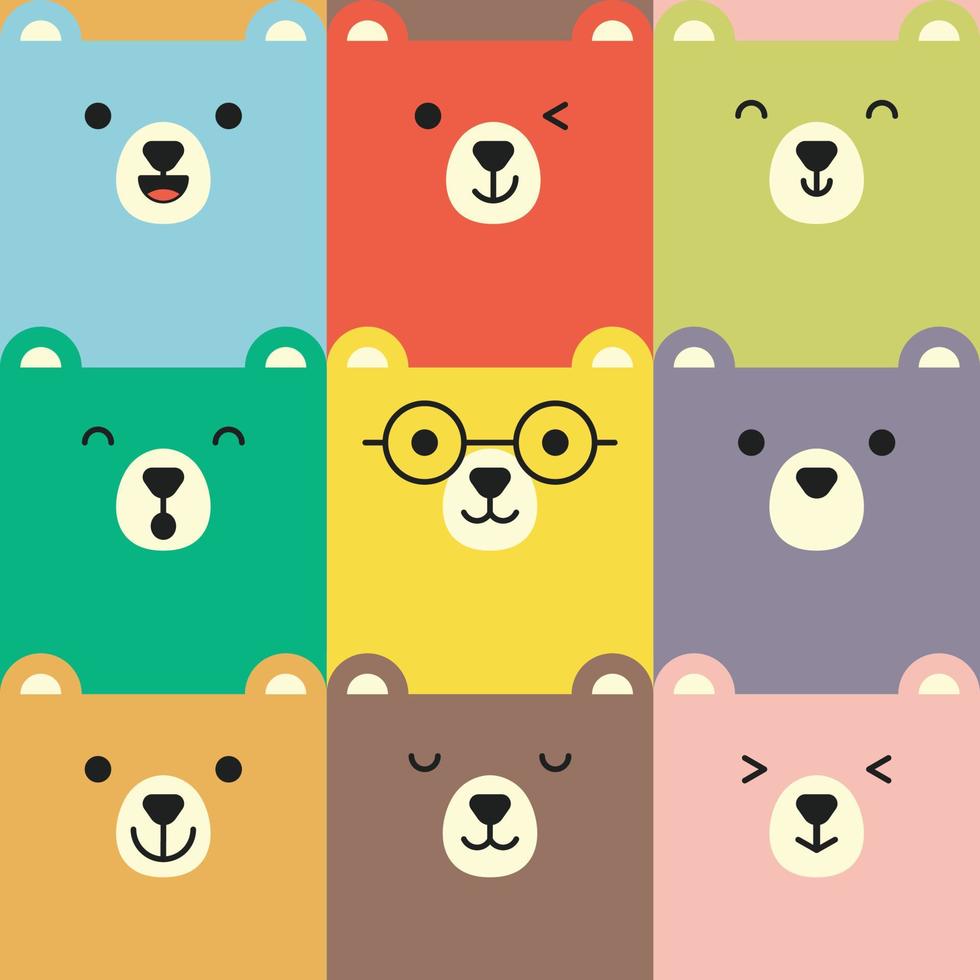 conjunto de varios avatares de expresión facial de oso. adorable lindo bebé animal cabeza vector ilustración. diseño plano simple de emoticono de cara de dibujos animados de animales sonrientes felices. fondo colorido