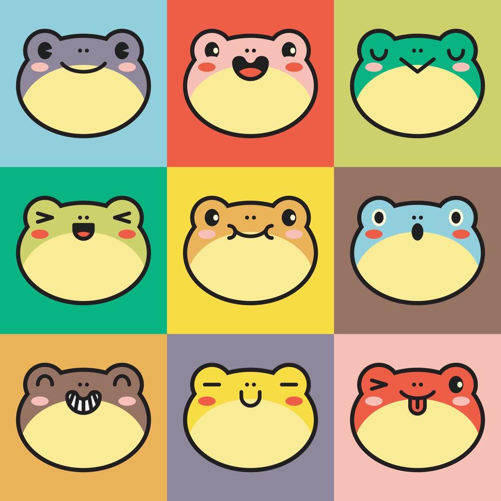 Set of various avatars of frog facial expressions. Adorable cute baby animal head vector illustration. Simple design of happy smiling animal cartoon face emoticon. Graphics and colorful backgrounds.