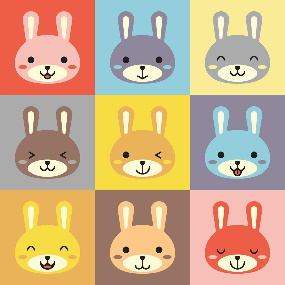 conjunto de varios avatares de expresiones faciales de conejo. adorable lindo bebé animal cabeza vector ilustración. diseño simple de emoticono de cara de dibujos animados de animales sonrientes felices. gráficos y fondos coloridos.