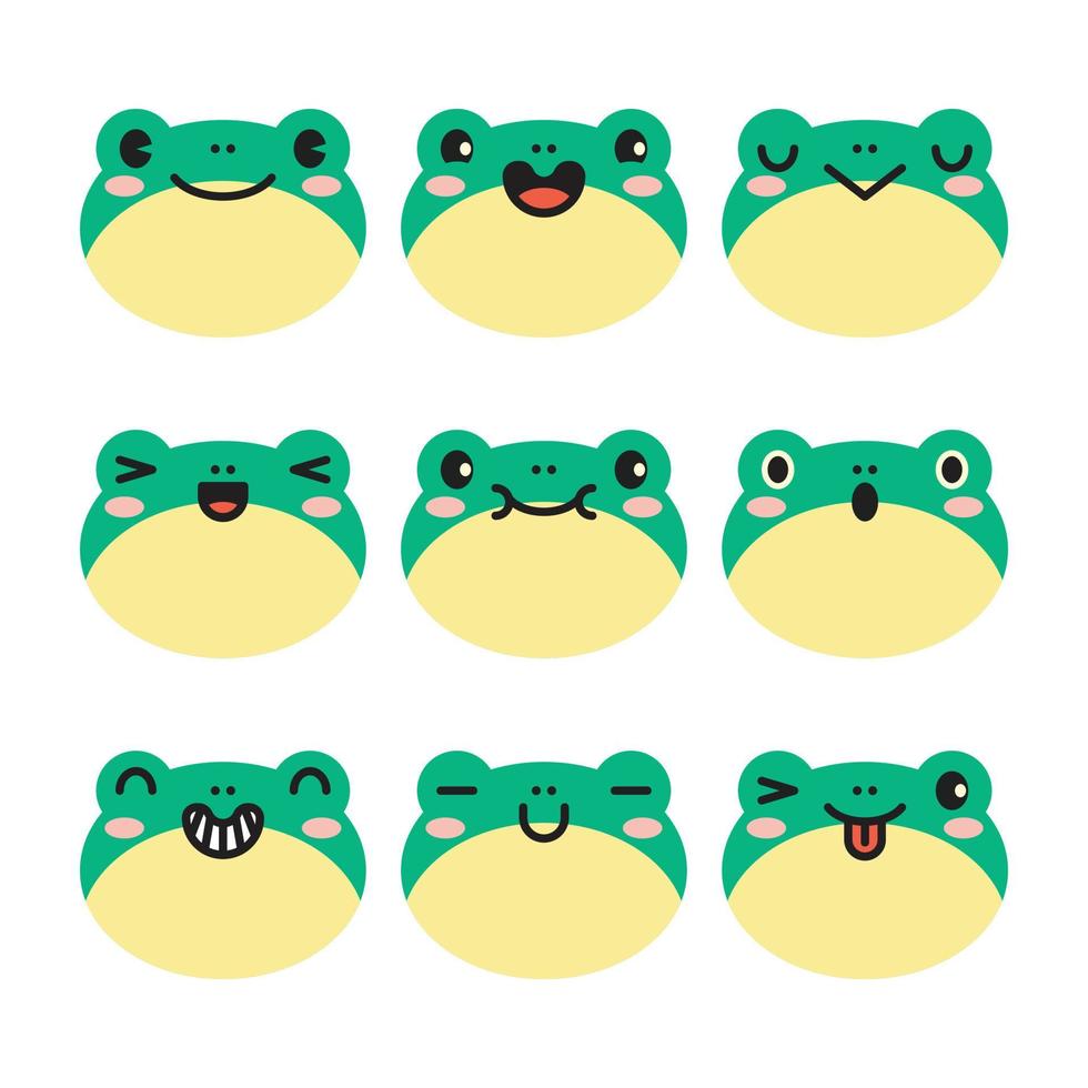 Set of various avatars of green frog facial expressions. Adorable cute baby animal head vector illustration. Simple design of happy smiling animal cartoon face emoticon. Isolated, white background.