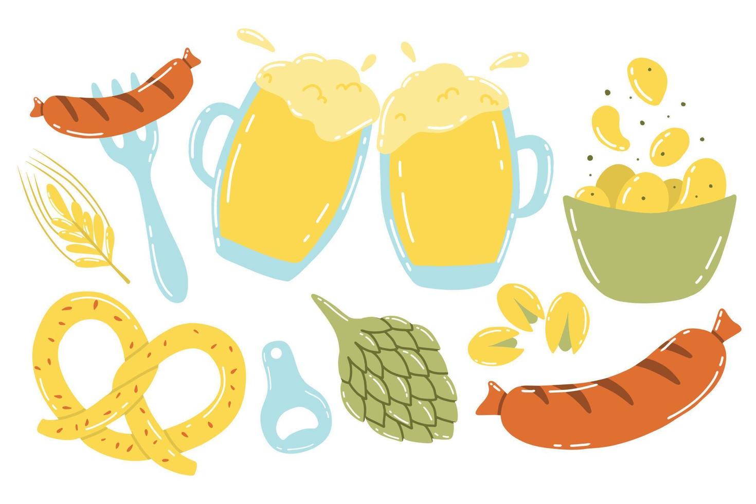 conjunto vectorial de cerveza y bocadillos de cerveza. colección para el oktoberfest. conjunto de cerveza pistachos, salchichas, lúpulo, trigo, patatas fritas, pretzel. vector