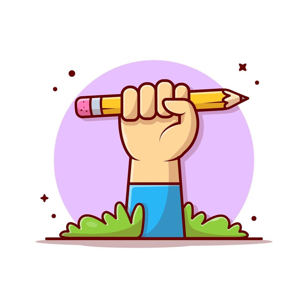 Cute Hand With Pencil Cartoon Vector Icon Illustration.  People Art Icon Concept Isolated Premium Vector. Flat  Cartoon Style