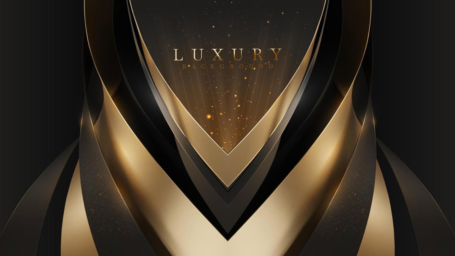 Black luxury background with golden curve elements and glitter light effect decoration. vector
