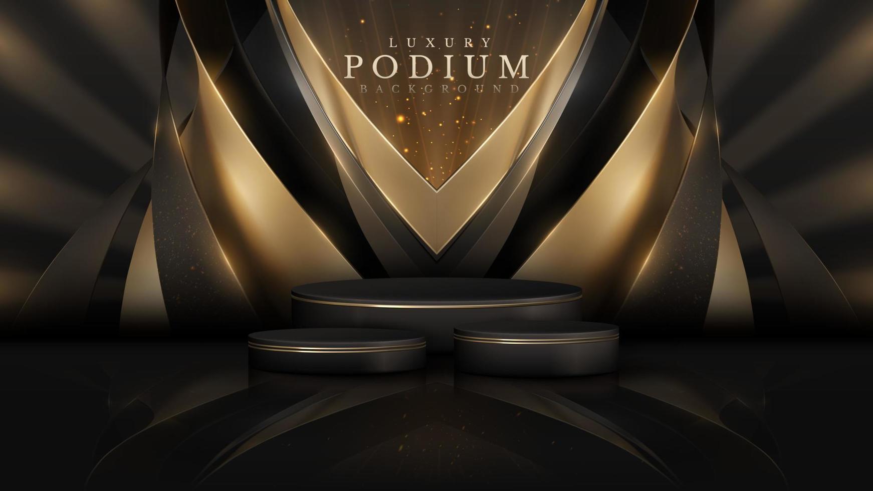 Product display podium with golden curve line decoration and glitter light effect elements and star. Black luxury background. vector