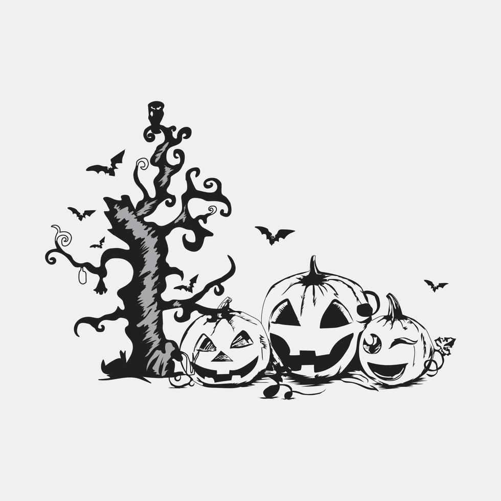 Halloween black pumpkin with cute Bats on white background. vector