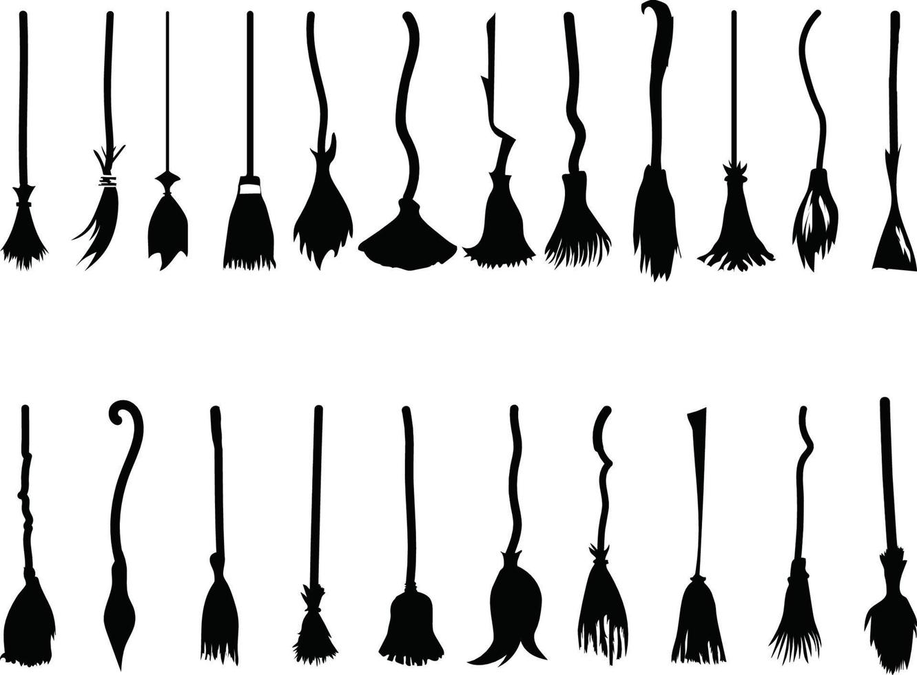 Different witch broomstick set isolated on white background. Halloween Vector decorative elements.