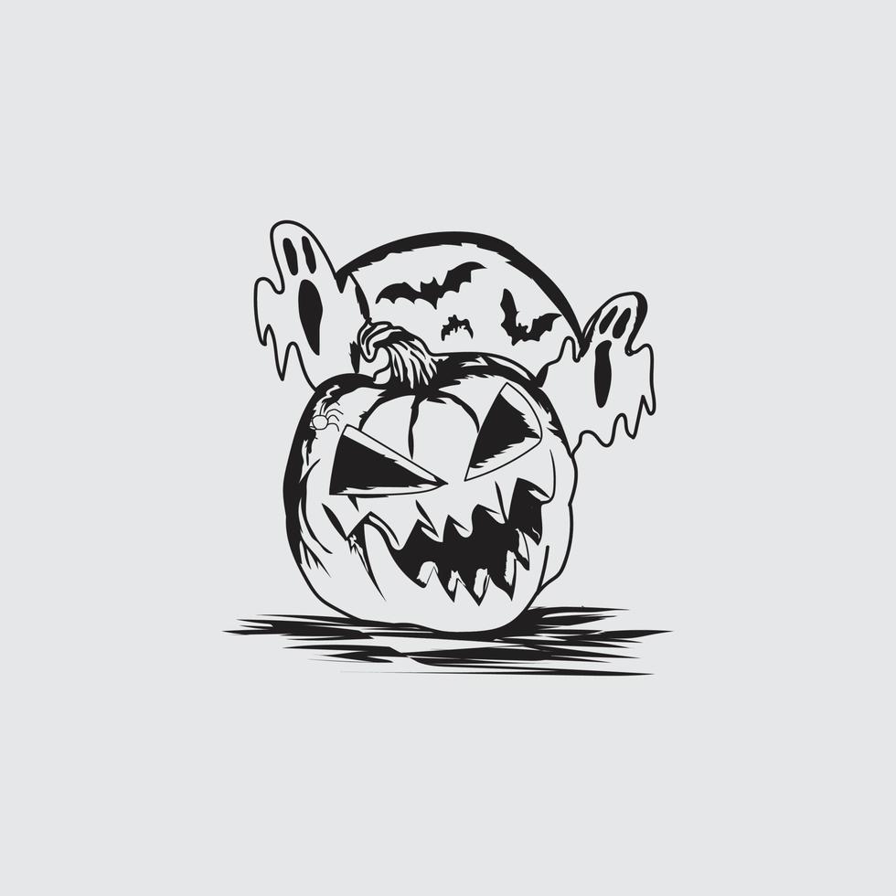 Halloween black pumpkin with cute ghosts  on white background. vector