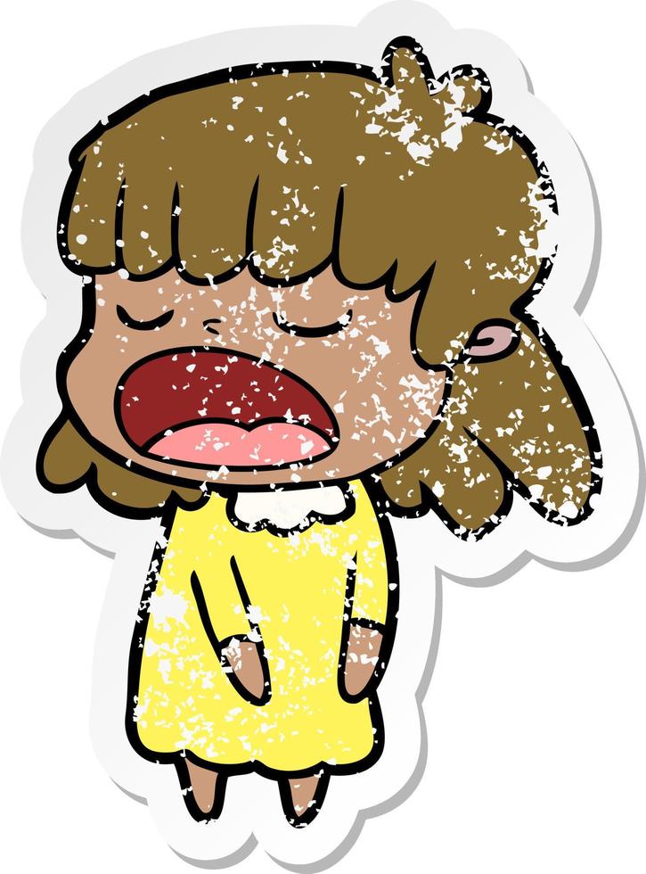 distressed sticker of a cartoon woman talking loudly vector