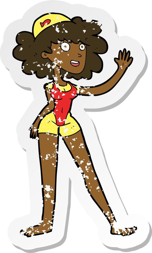 retro distressed sticker of a cartoon swimmer woman vector