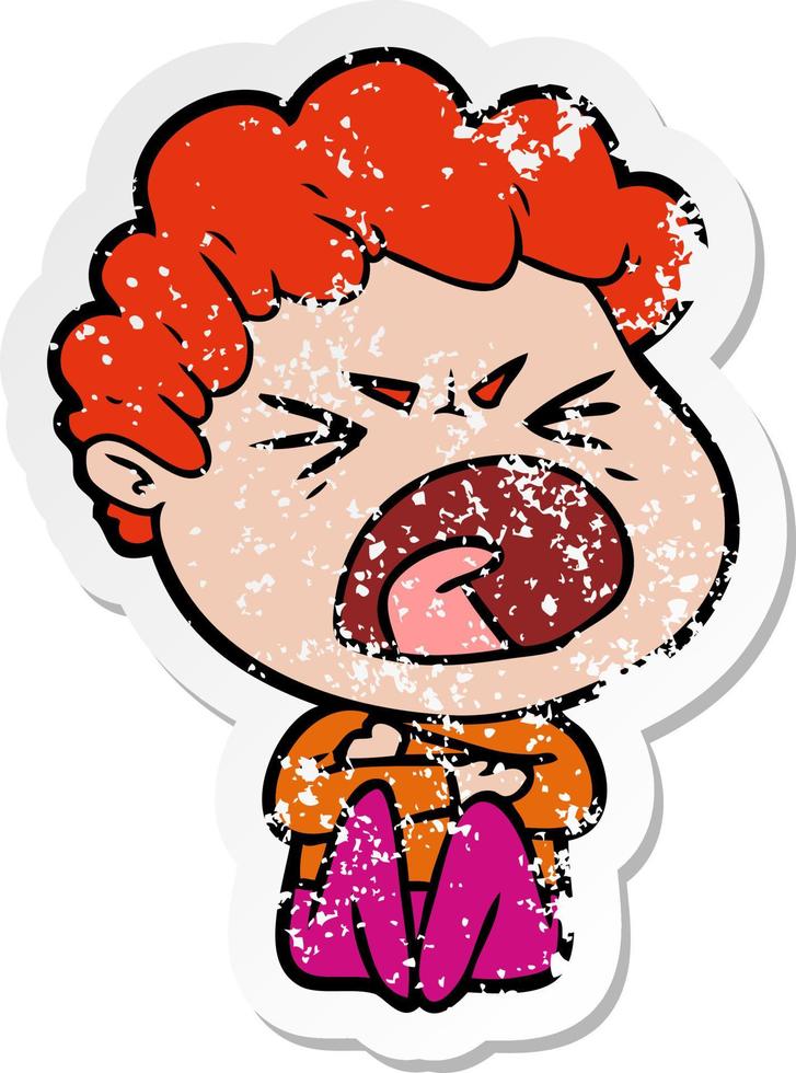 distressed sticker of a cartoon furious man vector